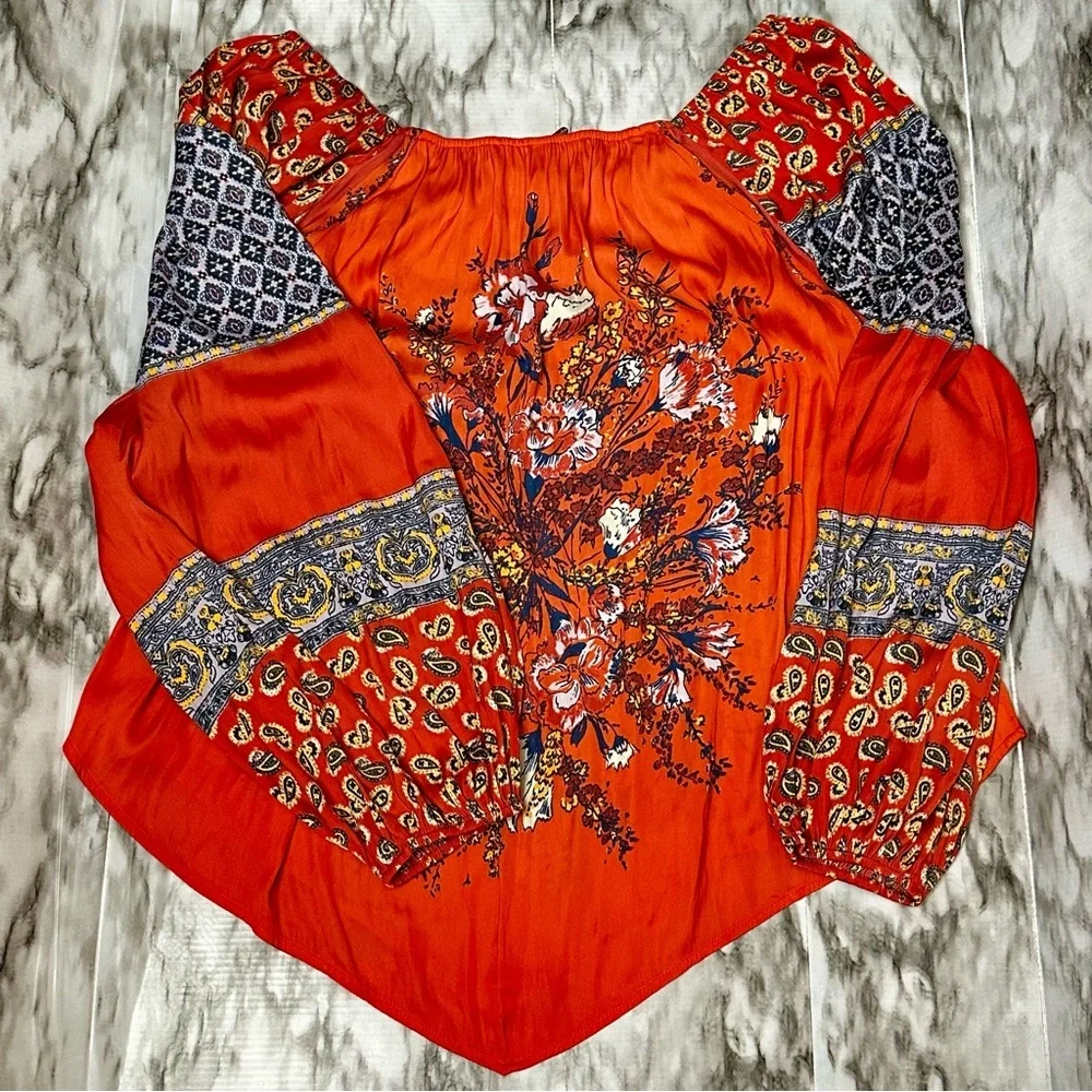 Free People Asymmetrical Embellished Raglan Blouse Orange Romantic Boho Chic